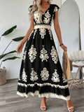 [100% Polyester V-Neck Midi Dress] Spring/Summer Floral Print V-Neck Dress with Flutter Sleeves and Waist Cinch, A-Line Midi, 100% Polyester - Machine Washable, Fly Fly Sleeves, A-Line voguable