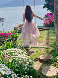 French Style First Love Cherry Blossom Pink Tie-Dye Suspender Dress Vacation Style Fairy Style Gradient Dyeing Women's Summer Floral Irregular Hem Vacation Long Dress
