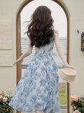 [Floral Print Strap Dress Set] Elegant Floral Print Strap Dress Set, Long Sleeve Ruffle Trim Open Front Ribbed Cardigan & Square Neck Sleeveless A-line Dress Outfits, Women's Clothing