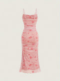For Spring & Summer, Elegant Sleeveless Floral Print Spaghetti Suspender Ruched Bodycon Cami Dress, Women's Clothing