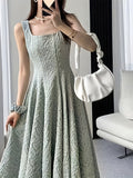 [1pc Elegant Square Neck Dress] 1pc Elegant Square Neck Polyester Dress for Women - Spring/Summer Flared A-Line Pendulum Dress with Solid Color and Textured Weave