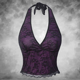 Sexy Halter Gothic Lace Floral Contrast Top - Women'S Blouse - Perfect for Spring, Summer, and Autumn Back-To-School Season