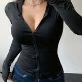 [Solid Zip Up Hooded Jacket] Y2K Solid Zip Up Hooded Jacket, Slim-Fit Long Sleeve Jacket For Spring & Fall, Women's Clothing
