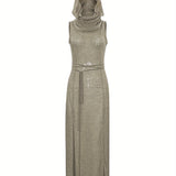 Split Hem Tie Waist Dress, Y2K Back Cut Out Sleeveless Ruched Hooded Dress For Spring & Summer, Women's Clothing For Party Dressing
