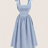 [Plus Size Plaid Cami Dress] Plus Size Plaid Print Cami Dress, Casual Ruched Sleeveless Dress For Spring & Summer, Women's Plus Size Clothing