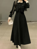 Women'S Long Sleeve Viscose Dress with Button Detail, Solid Color, Tailored Fit, Flared Skirt, Spring/Fall Collection - Elegant Black with White Collar