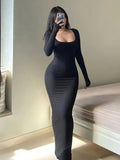 Elegant Long Sleeve Slim Square Neck Maxi Dress - Women's Clothing For Spring & Fall