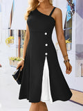 Elegant Black Midi Dress with White Strap and Button Details - Vintage-Inspired, Stretchy Polyester Blend, One-Shoulder Design, Machine Washable - Chic Summer & Autumn Women's Fashion