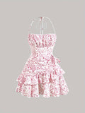 [Floral Print Halter Dress] Floral Print Layered Ruffle Hem Halter Dress, Elegant Sleeveless Dress For Spring & Summer, Women's Clothing
