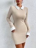 [Long Sleeve Bodycon Dress] Color Block Long Sleeve Bodycon Dress, Elegant Flat Collar Keyhole Above Knee Dress, Women's Clothing