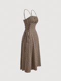 Vintage Beige Plaid Midi Dress for Women with Front Right Side Ruched Tie Detail - Sleeveless, Polyester, Machine Washable - Ideal for Spring/Summer/Fall