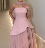 Strapless Satin Pink A Line Evening Dress  Saudi Arabic Formal Gown Cape Prom Dress Wedding Party Gown