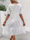 Solid Color Embroidered Lace Dress - Hollow Out Design, Elegant for Casual Wear