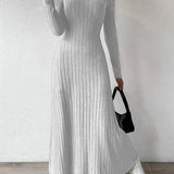 Elegant Solid Color V-Neck Knit Long Sleeve A-Line Dress - Ribbed Texture, Machine Washable, Polyester - Chic Middle Eastern Style for Fall, Elegant Long Sleeve Knit Dress