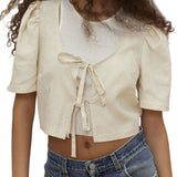 1pc Women'S Sexy Cropped Top - Summer Knit Polyester Crew Neck with Lace-up Detail, Short Sleeve Solid Color Streetwear for Casual Daily Wear