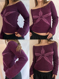 [1pc Elegant Off-Shoulder Sweater] 1pc Elegant Viscose Off-Shoulder Sweater for Women, Solid Color Crew Neck Long Sleeve Knit Top with Graphic Print, Versatile Streetwear for All Seasons