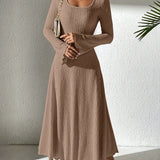 Autumn/Winter Fashion Women's A-Line Ribbed Knit Dress, V-Neck, Ruffled Hem, Solid Color, Polyester, Adult Size, 99080719