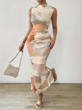 Elegant Women's Tie-Dye Print Sleeveless Maxi Dress - Chic Stand Collar, Ruched Bodycon Design in Vibrant Orange/Blue/White, Polyester Blend with Stretch, Machine Washable for All Seasons