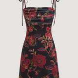 [Floral Print Tie Shoulder Dress] Floral Print Tie Shoulder Dress, Elegant Sleeveless Bodycon Cami Dress for Spring & Summer, Women's Clothing