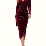 Elegant Black Velvet Midi Dress for Women - Vintage-Inspired V-Neck with Ruched Detail, Long Sleeves, and Asymmetrical Hem - Machine Washable, Polyester & Elastane Blend