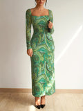 Marble Print Long Sleeve Dress, Stylish Square Neck Ankle Length Dress For Spring & Fall, Women's Clothing
