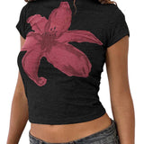Women Y2k Floral Crop Tee Vintage Aesthetic Graphic Short Sleeve Round Neck Tight Tshirt Stretchy Baby Tee for Teen Girl Summer Fairycore Preppy Flower Pattern T-shirt Streetwear