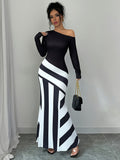 Elegant Women's Off-Shoulder Striped Maxi Dress - Chic Black & White Design with Ruffled Hem, Long Sleeves, Machine Washable, Polyester Blend
