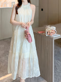 Chic French Vintage Lace Embroidered Halter Dress - Sleeveless, Off-Shoulder with Tie Back Detail, Summer Long Maxi for Women