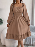 Stunning Ruffle Hem A-Line Dress - Women's Elegant Solid Color Square Neck Backless Shirred Clothing with Lantern Sleeves - Perfect for Formal Occasions and Parties