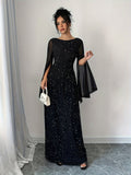 Elegant Glitter 1pc Polyester Maxi Dress for Women - Boat Neck Long Sleeve with Zipper and Side Slit - Fitted Knit Fabric Solid Color All-Season Party Gown