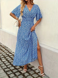 Slit Ditsy Floral Surplice Short Sleeve Maxi Dress