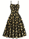 Summer 100% Polyester Vintage Floral Dress for Women - Spaghetti Strap A-Line Pendulum Style with Faux Drawstring Detail, Ideal for Parties and Casual Wear