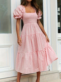 Women's Plaid Pleated Dress, Square Neck Dress, Lantern Sleeve Dress
