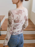 [Everyday Elegance] Women's Elegant Tie-Dye Floral Print Chiffon Blouse with Ruched Detail - Long Sleeve, Round Neck, Semi-Sheer, Perfect for Spring/Fall Fashion voguable
