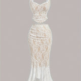Dreamy Two-piece White Lace Women's Suit - Vest and Fish Tail Skirt