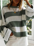 Long Sleeve Acrylic Pullover Sweater - Women's Casual Rib-Knit Crew Neck, Drop Shoulder, Loose Fit, Solid Color, All Season Knit Fabric Top