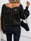 Women'S Elegant V-Neck Knit Sweater with Back Bow Detail, 100% Polyester Solid Color Pullover, All-Season Lightweight Knitwear