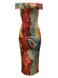 For Spring & Summer, Off-shoulder Straight Neck Abstract Print Sheath Dress, Women's Clothing