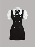 [Patchwork Bow Elegant Dress] Elegant Patchwork Polyester Dress with Bow Detail, Double-Breasted Faux Two-Piece Fitted Dress for Adults, Woven All-Season Dress