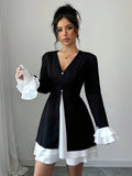 Elegant V-Neck Color Block 1pc Dress - Polyester A-Line Pendulum with Flounce Sleeves for Women, Spring/Fall