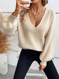 Women'S Elegant V-Neck Knit Sweater with Back Bow Detail, 100% Polyester Solid Color Pullover, All-Season Lightweight Knitwear