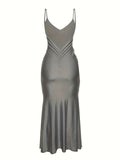 V Neck Spaghetti Strap Backless Dress - Seamless Solid Bodycon for Night Out - Fashionable Womens Clubbing Gown