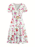 [Tropical Leaf Print V-Neck Dress] Navy Blue Tropical Leaf Print V-Neck Short Sleeve Midi Dress - Fitted Bodice, Flared Skirt, Polyester Blend, with Belt and Pockets, Perfect for Spring/Summer Casual or Tea Church Outfits