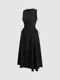 Solid Color Polyester Midi Dress - Elegant Round Neck Cinched Waist for Women - Machine Washable, Long Skirt