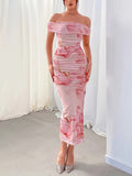Elegant Floral Print Off Shoulder Dress - Backless Slim Side Split for Party & Banquet - Women's Clothing