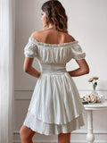 Elegant Off-Shoulder Square Neck Dress, 100% Polyester Solid Color A-Line Mini Dress for Women, Spring/Summer Woven Fabric, Occasion Wear | Ruffled Bodice | Polyester Fabric, Cute Dresses