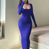 Elegant Long Sleeve Slim Square Neck Maxi Dress - Women's Clothing For Spring & Fall