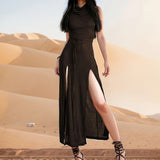 Split Hem Tie Waist Dress, Y2K Back Cut Out Sleeveless Ruched Hooded Dress For Spring & Summer, Women's Clothing For Party Dressing