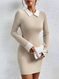 [Long Sleeve Bodycon Dress] Color Block Long Sleeve Bodycon Dress, Elegant Flat Collar Keyhole Above Knee Dress, Women's Clothing