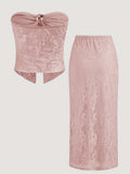 Semi-Sheer High Stretch Lace Wrap Bustier & Bodycon Skirt Set - Machine Washable, Perfect for All Seasons